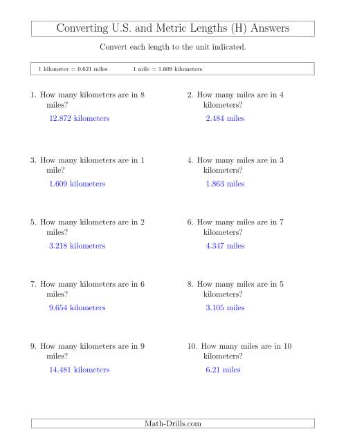 The Converting Between Miles and Kilometers (H) Math Worksheet Page 2