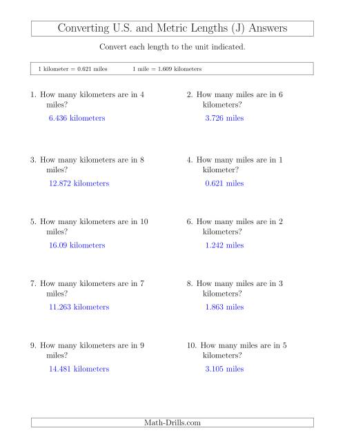 The Converting Between Miles and Kilometers (J) Math Worksheet Page 2