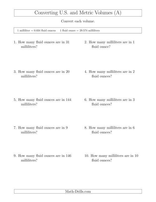 The Converting Between Milliliters and U.S. Fluid Ounces (A) Math Worksheet