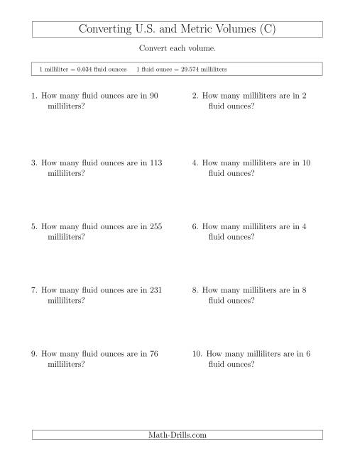 The Converting Between Milliliters and U.S. Fluid Ounces (C) Math Worksheet