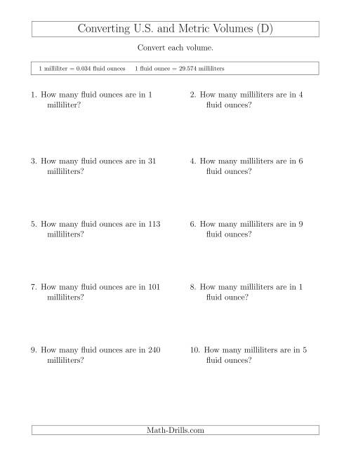 The Converting Between Milliliters and U.S. Fluid Ounces (D) Math Worksheet