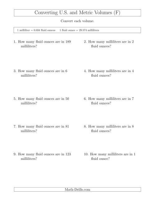 The Converting Between Milliliters and U.S. Fluid Ounces (F) Math Worksheet