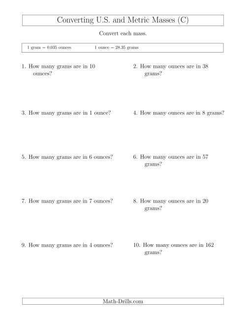 The Converting Between Ounces and Grams (C) Math Worksheet