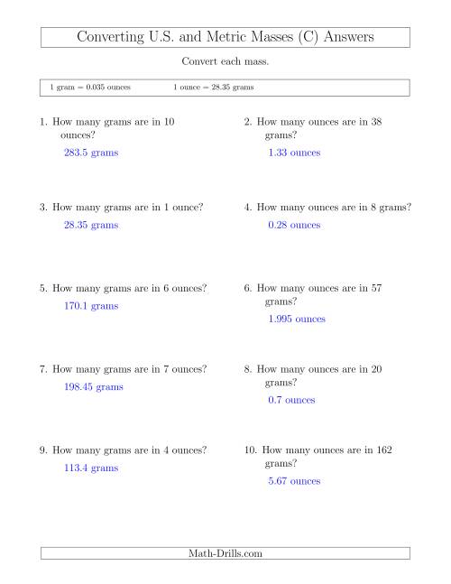 The Converting Between Ounces and Grams (C) Math Worksheet Page 2