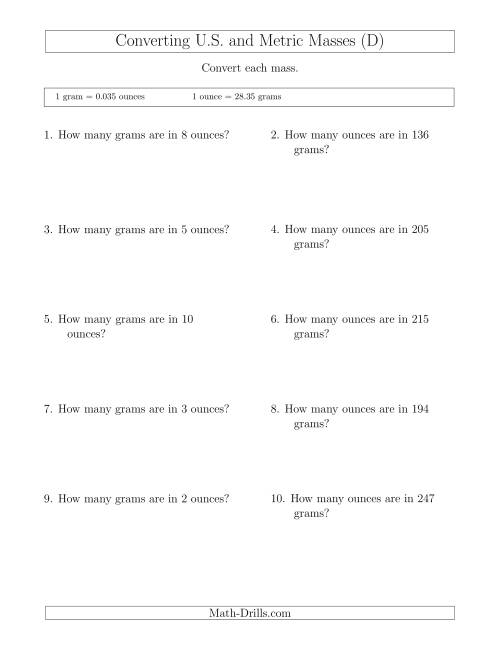 The Converting Between Ounces and Grams (D) Math Worksheet