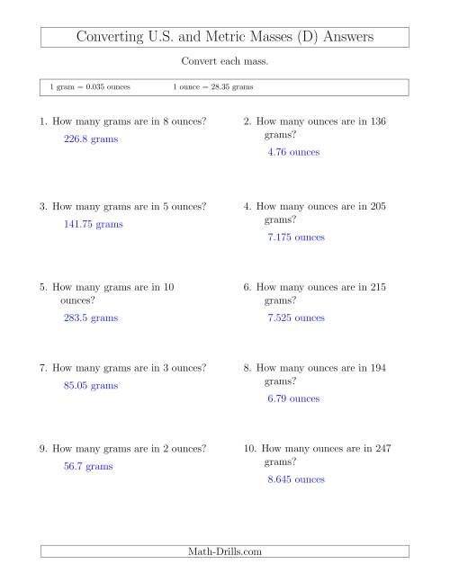 The Converting Between Ounces and Grams (D) Math Worksheet Page 2