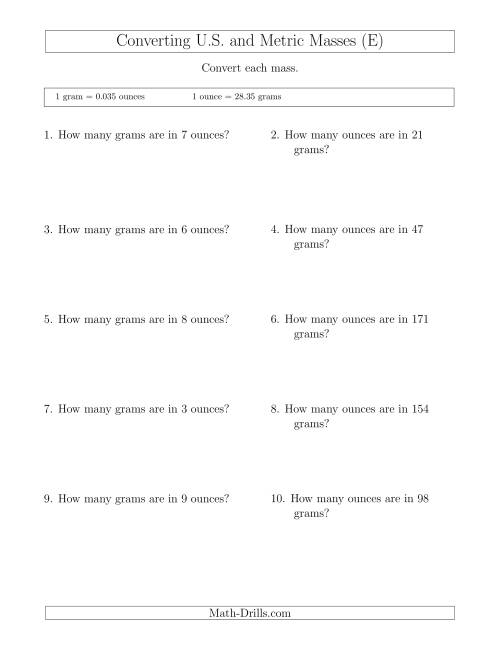 The Converting Between Ounces and Grams (E) Math Worksheet