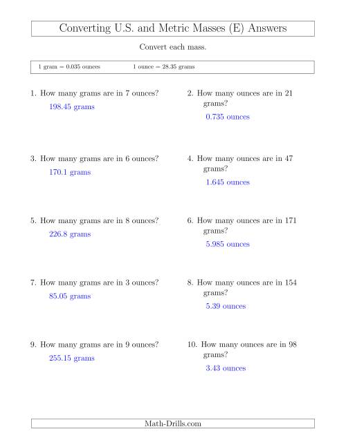 The Converting Between Ounces and Grams (E) Math Worksheet Page 2