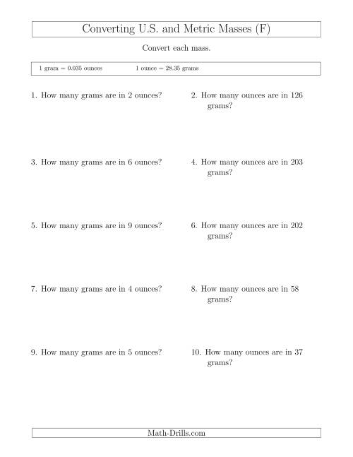 The Converting Between Ounces and Grams (F) Math Worksheet