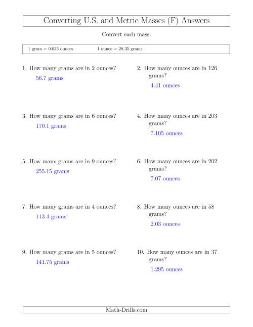 The Converting Between Ounces and Grams (F) Math Worksheet Page 2