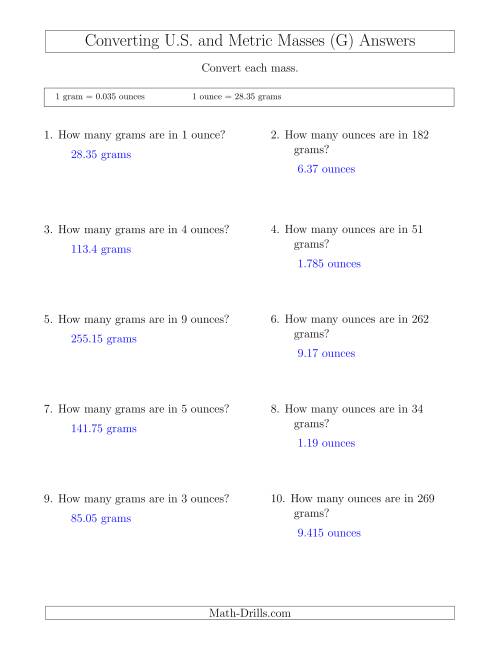 The Converting Between Ounces and Grams (G) Math Worksheet Page 2