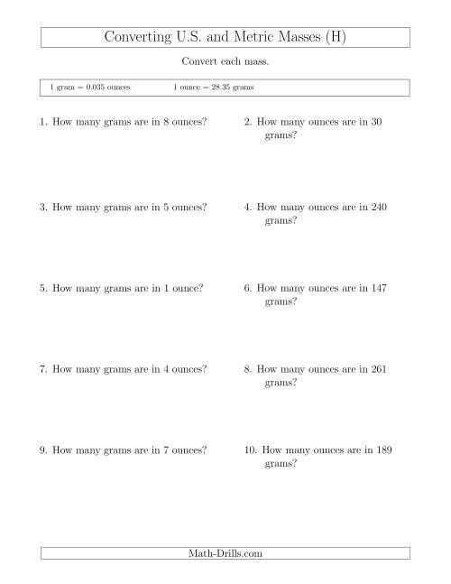 The Converting Between Ounces and Grams (H) Math Worksheet