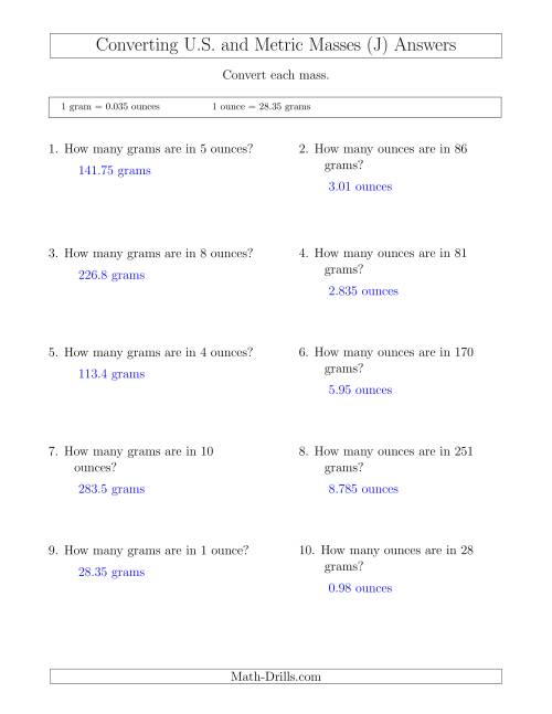 The Converting Between Ounces and Grams (J) Math Worksheet Page 2