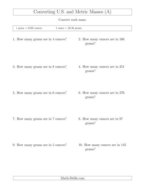 The Converting Between Ounces and Grams (All) Math Worksheet