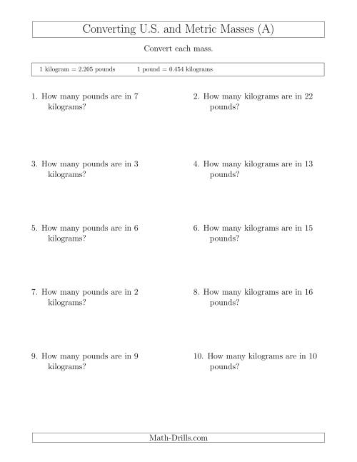 The Converting Between Pounds and Kilograms (A) Math Worksheet