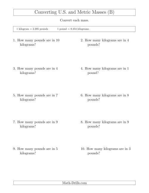 The Converting Between Pounds and Kilograms (B) Math Worksheet
