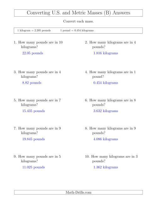 The Converting Between Pounds and Kilograms (B) Math Worksheet Page 2