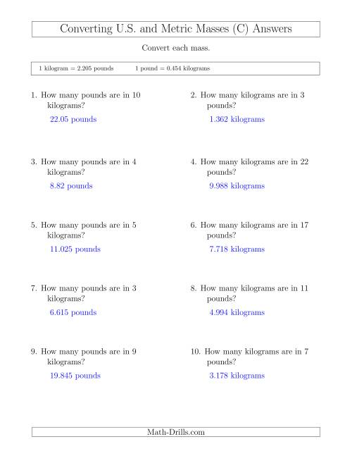 The Converting Between Pounds and Kilograms (C) Math Worksheet Page 2