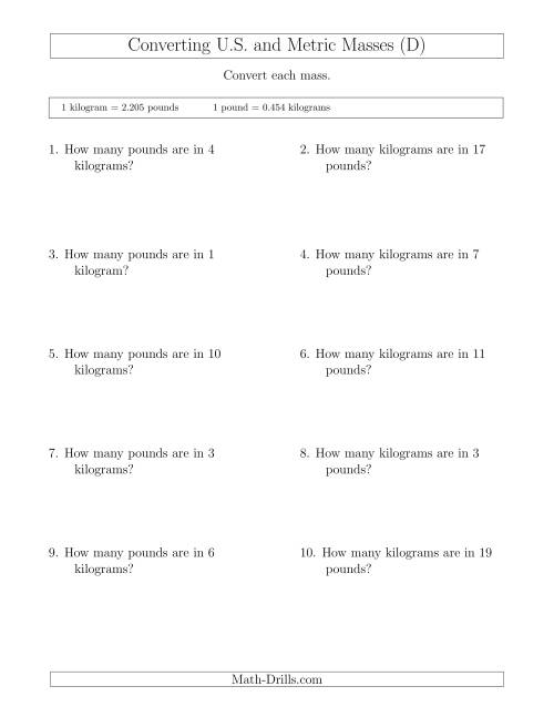 The Converting Between Pounds and Kilograms (D) Math Worksheet