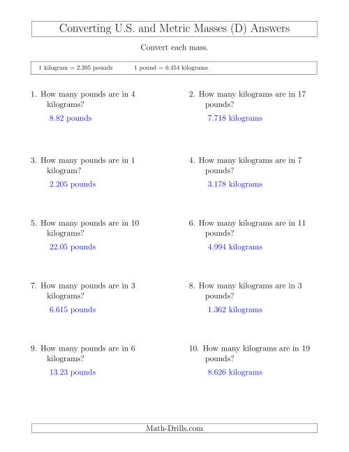 The Converting Between Pounds and Kilograms (D) Math Worksheet Page 2