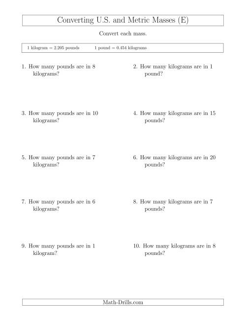 The Converting Between Pounds and Kilograms (E) Math Worksheet