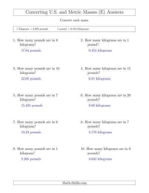 The Converting Between Pounds and Kilograms (E) Math Worksheet Page 2