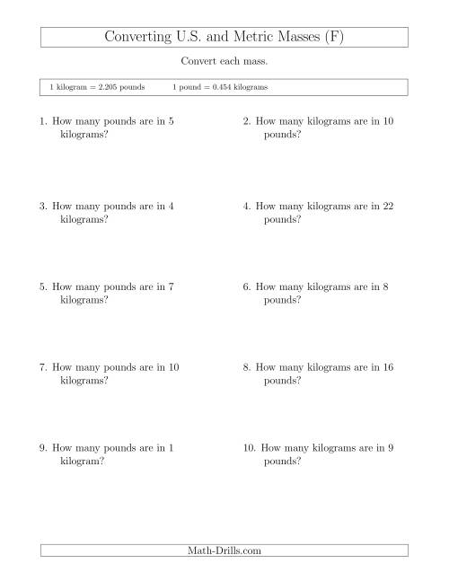 The Converting Between Pounds and Kilograms (F) Math Worksheet