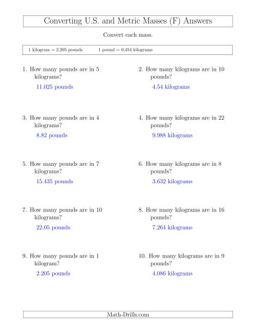 The Converting Between Pounds and Kilograms (F) Math Worksheet Page 2