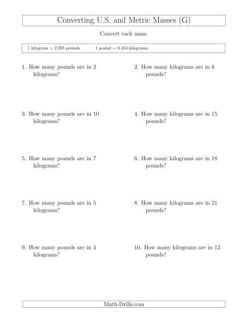 The Converting Between Pounds and Kilograms (G) Math Worksheet