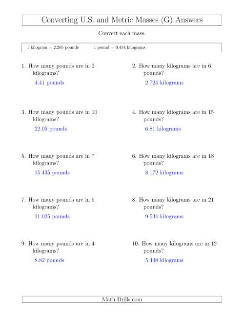 The Converting Between Pounds and Kilograms (G) Math Worksheet Page 2