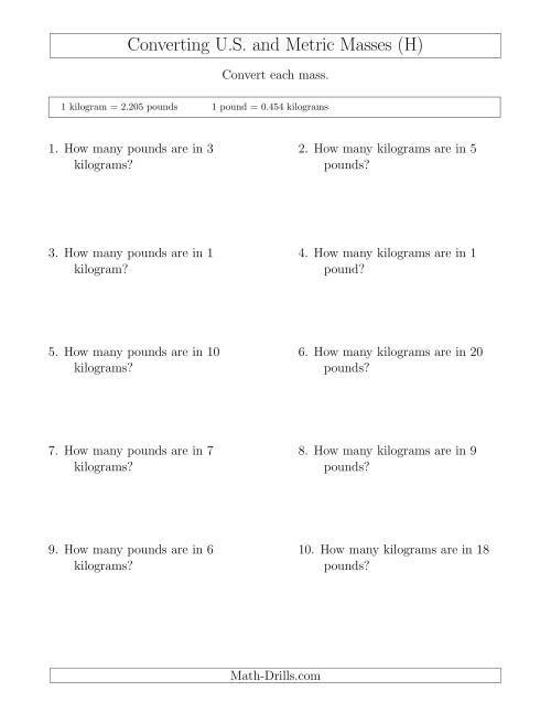 The Converting Between Pounds and Kilograms (H) Math Worksheet