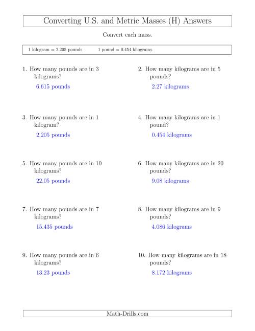 The Converting Between Pounds and Kilograms (H) Math Worksheet Page 2
