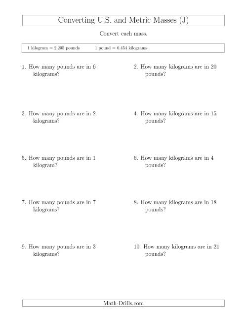 The Converting Between Pounds and Kilograms (J) Math Worksheet
