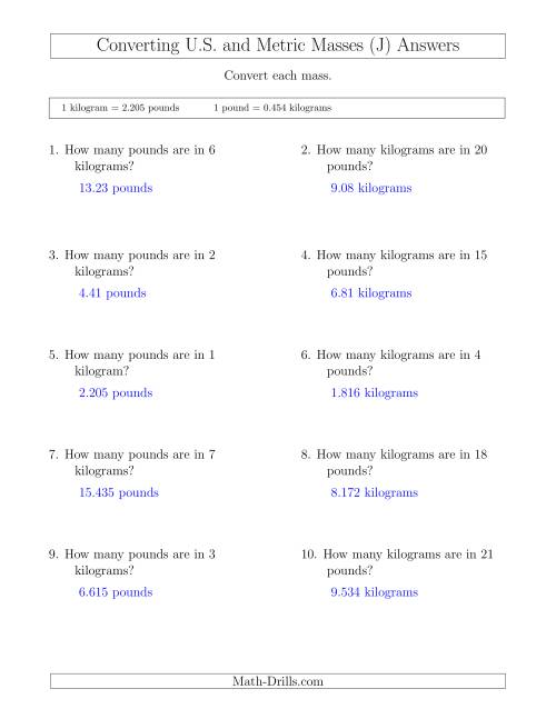 The Converting Between Pounds and Kilograms (J) Math Worksheet Page 2