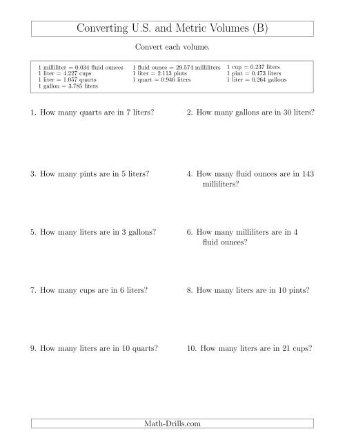The Converting Between U.S. Customary and Metric Volumes (B) Math Worksheet
