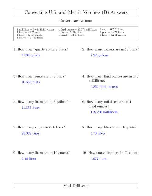 The Converting Between U.S. Customary and Metric Volumes (B) Math Worksheet Page 2