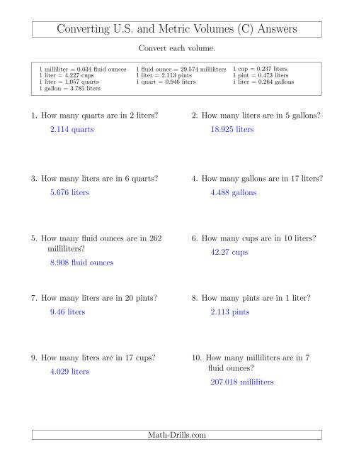 The Converting Between U.S. Customary and Metric Volumes (C) Math Worksheet Page 2