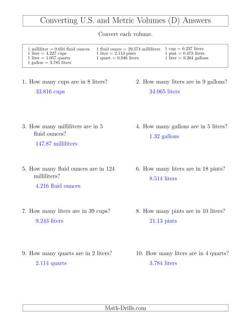 The Converting Between U.S. Customary and Metric Volumes (D) Math Worksheet Page 2