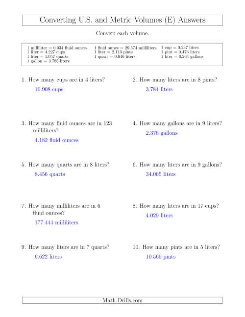 The Converting Between U.S. Customary and Metric Volumes (E) Math Worksheet Page 2