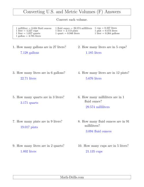 The Converting Between U.S. Customary and Metric Volumes (F) Math Worksheet Page 2