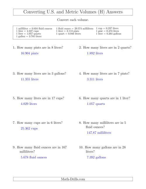 The Converting Between U.S. Customary and Metric Volumes (H) Math Worksheet Page 2