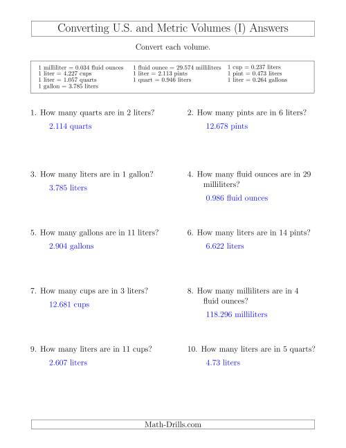 The Converting Between U.S. Customary and Metric Volumes (I) Math Worksheet Page 2