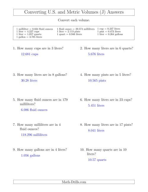 The Converting Between U.S. Customary and Metric Volumes (J) Math Worksheet Page 2