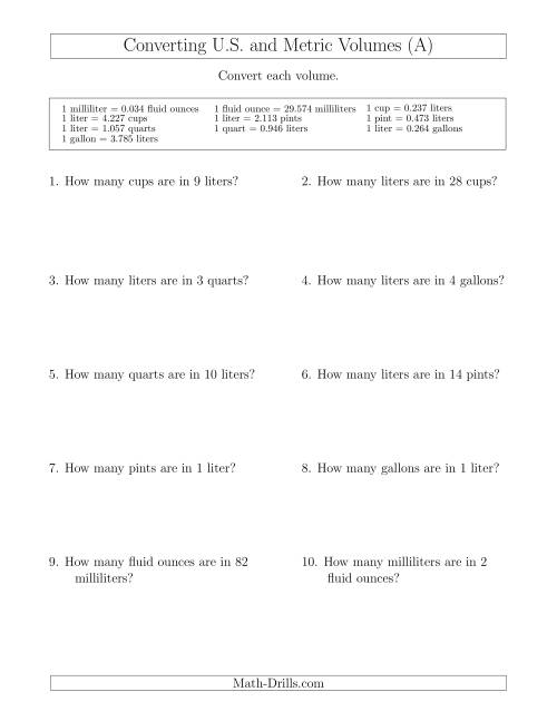 The Converting Between U.S. Customary and Metric Volumes (All) Math Worksheet