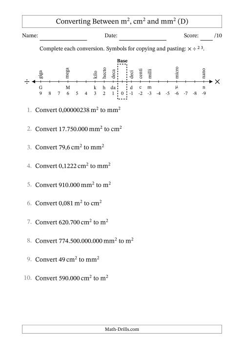 The Converting Between Square Metres, Square Centimetres and Square Millimetres (Euro Number Format) (D) Math Worksheet