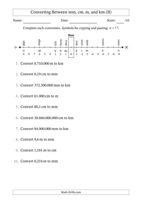 The Converting Between Millimetres, Centimetres, Metres and Kilometres (Euro Number Format) (B) Math Worksheet