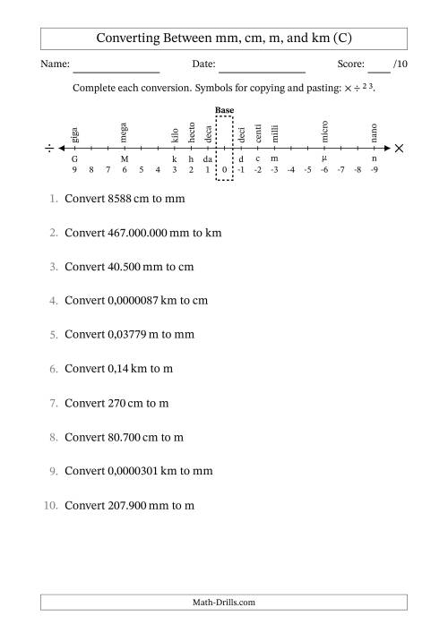 The Converting Between Millimetres, Centimetres, Metres and Kilometres (Euro Number Format) (C) Math Worksheet