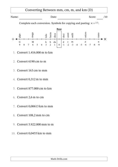 The Converting Between Millimetres, Centimetres, Metres and Kilometres (Euro Number Format) (D) Math Worksheet