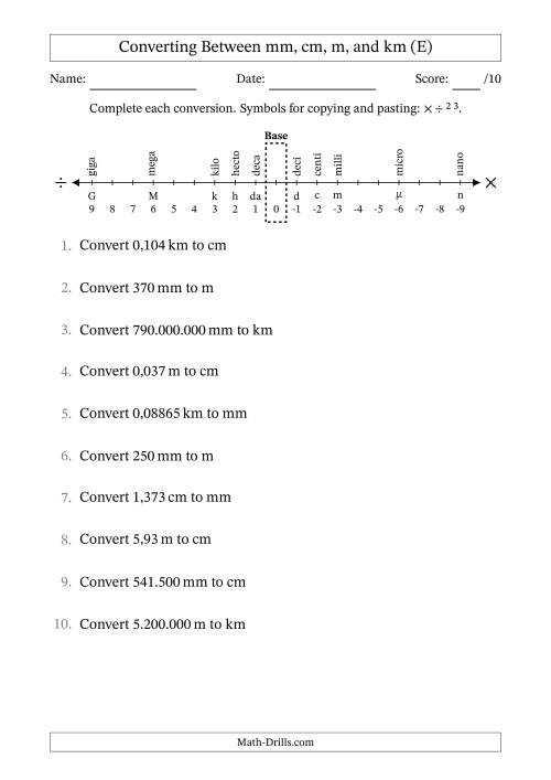 The Converting Between Millimetres, Centimetres, Metres and Kilometres (Euro Number Format) (E) Math Worksheet