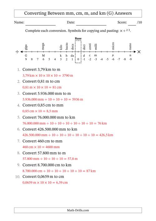 The Converting Between Millimetres, Centimetres, Metres and Kilometres (Euro Number Format) (G) Math Worksheet Page 2